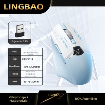 Bežični miš s tri načina: 2.4G/Bluetooth/USB, zaslon stanja baterije, 6 tipki, DPI prilagodljiv u 4 razine, domet do 10 m, punjiva