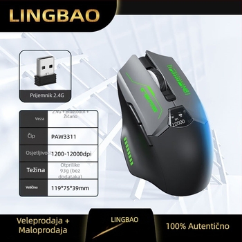 Bežični miš s tri načina: 2.4G/Bluetooth/USB, zaslon stanja baterije, 6 tipki, DPI prilagodljiv u 4 razine, domet do 10 m, punjiva