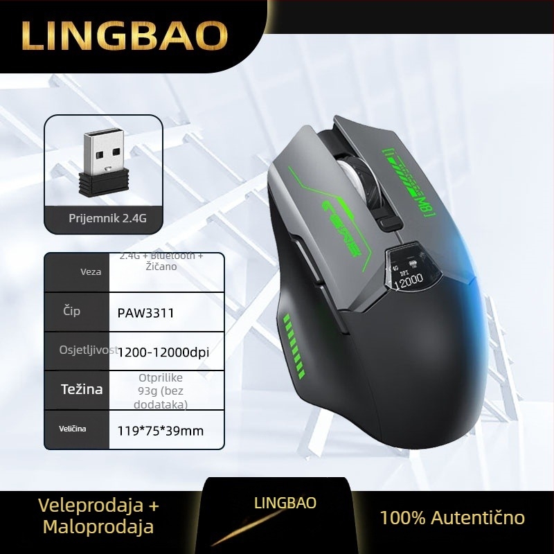 Bežični miš s tri načina: 2.4G/Bluetooth/USB, zaslon stanja baterije, 6 tipki, DPI prilagodljiv u 4 razine, domet do 10 m, punjiva