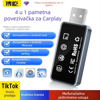 Četiri u jedan bežični CarPlay adapter: prijenos s kabelskog na bežični CarPlay zrcaljenje zaslona za Apple i Android; 6H kaljeno staklo + avionski aluminijski legura; napajanje 5V; porijeklo Shenzhen