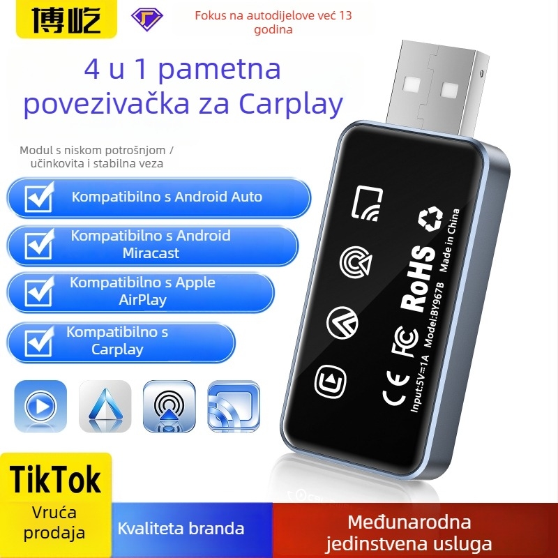 Četiri u jedan bežični CarPlay adapter: prijenos s kabelskog na bežični CarPlay zrcaljenje zaslona za Apple i Android; 6H kaljeno staklo + avionski aluminijski legura; napajanje 5V; porijeklo Shenzhen