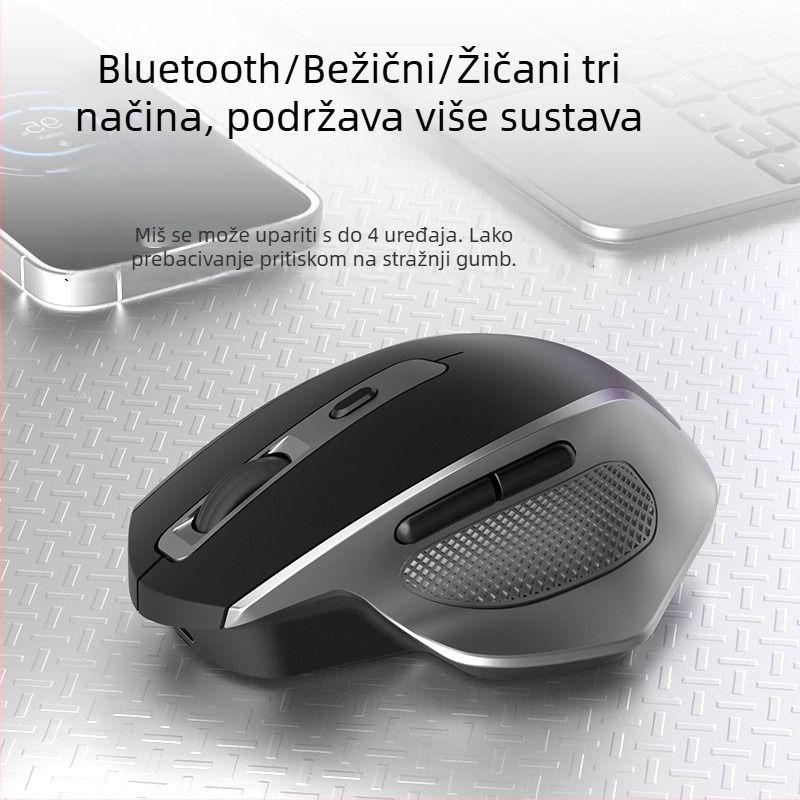 Bežični Bluetooth miš s tri načina, tih i punjiv, 2.4G, ergonomski dizajn za igru i ured, 4000 DPI