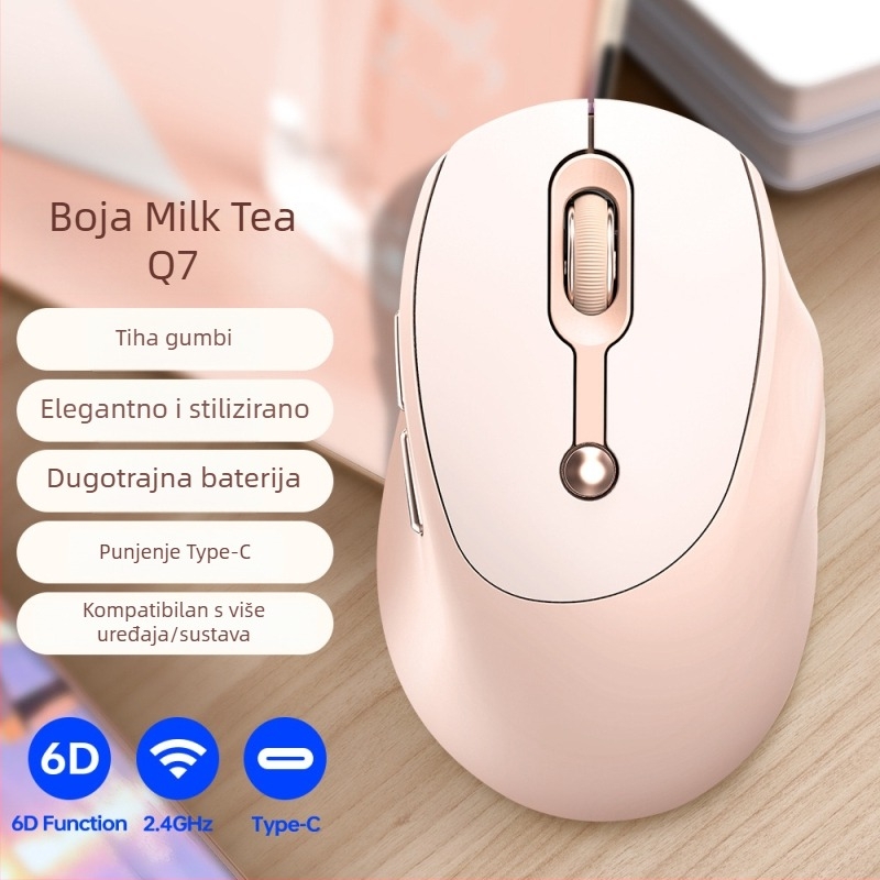 Bežične miša T-Wolf Q7 s dvostrukim Bluetoothom i 2.4G, USB Type-C punjenje, indikator baterije, tiho djelovanje, 6 tipki
