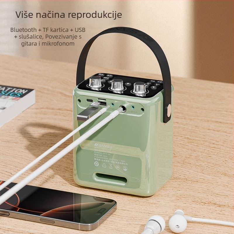 Bluetooth karaoke zvučnik s ugrađenom baterijom, 30W izlaz, Bluetooth 5.3, frekvencijski raspon 100 Hz–20 kHz, SNR ≥70 dB