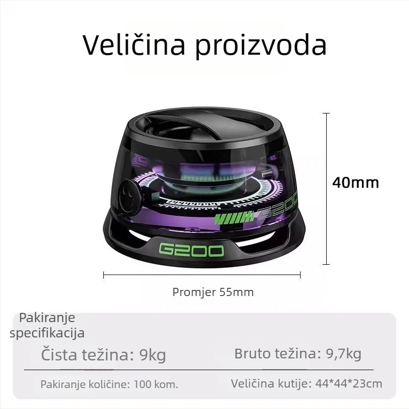 G200 magnetski Bluetooth zvučnik – prenosni bežični zvučnik s ambijentalnim osvjetljenjem; Bluetooth 5.2, 3W, ugrađena 300–500 mAh baterija, frekvencijski odziv 60 Hz–15 kHz, domet 10 m