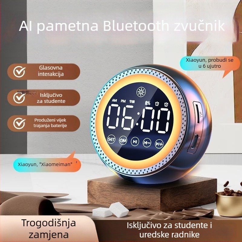Višenamjenski AI glasovni alarmni sat Bluetooth zvučnik sa subwooferom, Bluetooth 5.3, ugrađena baterija 1200-2000 mAh, 40 Hz-20 kHz, SNR ≥100 dB, domet 10 m