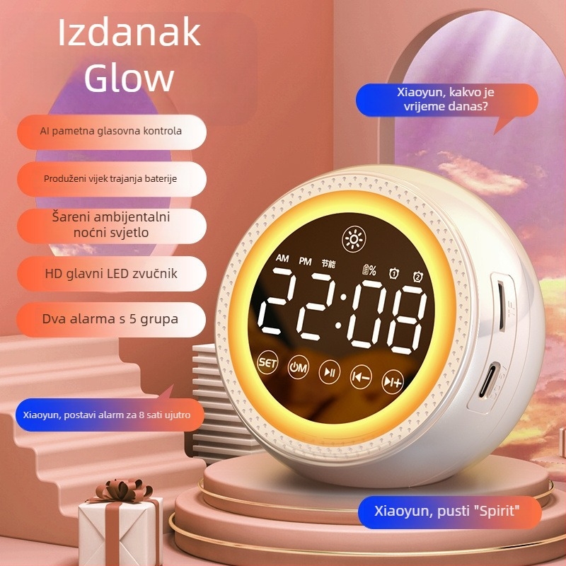 Višenamjenski AI glasovni alarmni sat Bluetooth zvučnik sa subwooferom, Bluetooth 5.3, ugrađena baterija 1200-2000 mAh, 40 Hz-20 kHz, SNR ≥100 dB, domet 10 m