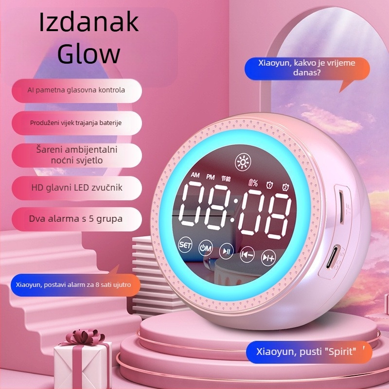 Višenamjenski AI glasovni alarmni sat Bluetooth zvučnik sa subwooferom, Bluetooth 5.3, ugrađena baterija 1200-2000 mAh, 40 Hz-20 kHz, SNR ≥100 dB, domet 10 m