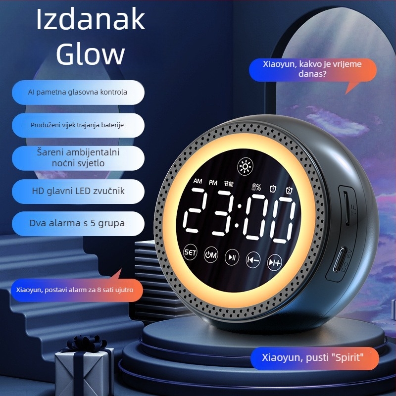 Višenamjenski AI glasovni alarmni sat Bluetooth zvučnik sa subwooferom, Bluetooth 5.3, ugrađena baterija 1200-2000 mAh, 40 Hz-20 kHz, SNR ≥100 dB, domet 10 m