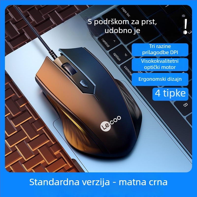Optička žičana gaming miša s pozadinskim osvjetljenjem, 3500 DPI, 6 tipki, USB, kabel 1,5 m