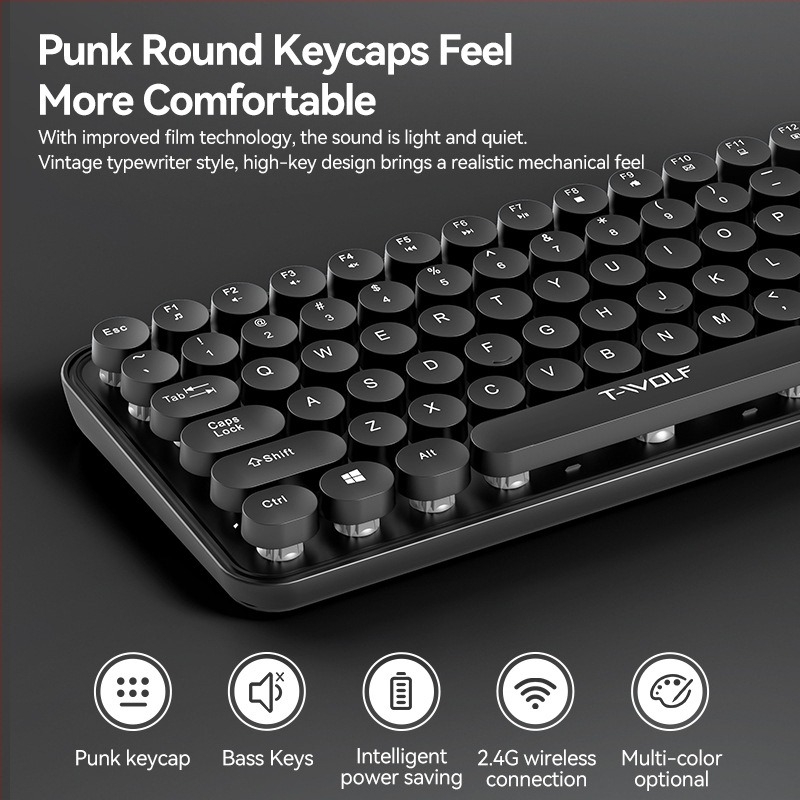 TWOLF TF350 bežični set tipkovnice i miša, 2.4G, tipkovnica s 104 tipke i miš s 4 tipke, optički 1000 DPI, plug-and-play, ergonomski dizajn