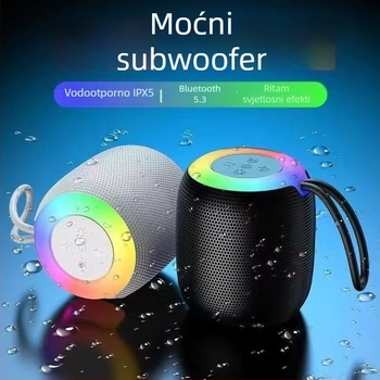 USB Bluetooth zvučnik sa subwooferom, IPX7 vodootporan, prenosiv za vanjsku i kućnu upotrebu, Bluetooth 5.3, ugrađena baterija 500–800 mAh, frekvencijski raspon 100 Hz–20 kHz, SNR ≥70 dB