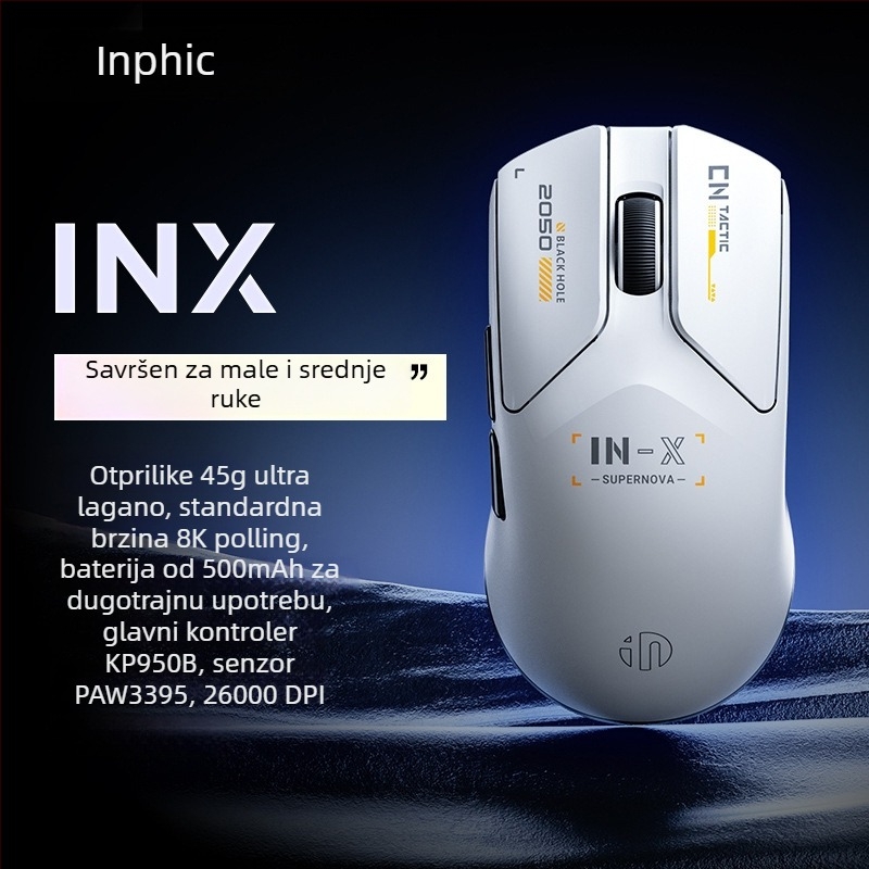 Inphic INX optička gaming miša - Dualni način rada (žica/bežično), PAW3395 senzor, 26000 DPI, 6 tipki, USB