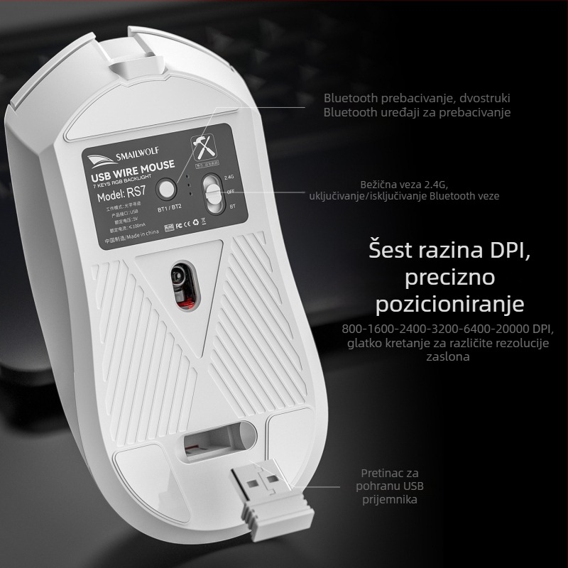 Smailwolf RS7 bežični gaming miš, tri načina, 10000 DPI, 6 tipki, USB, 2.4G + Bluetooth