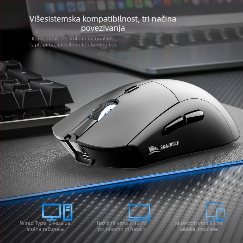 Smailwolf RS7 bežični gaming miš, tri načina, 10000 DPI, 6 tipki, USB, 2.4G + Bluetooth