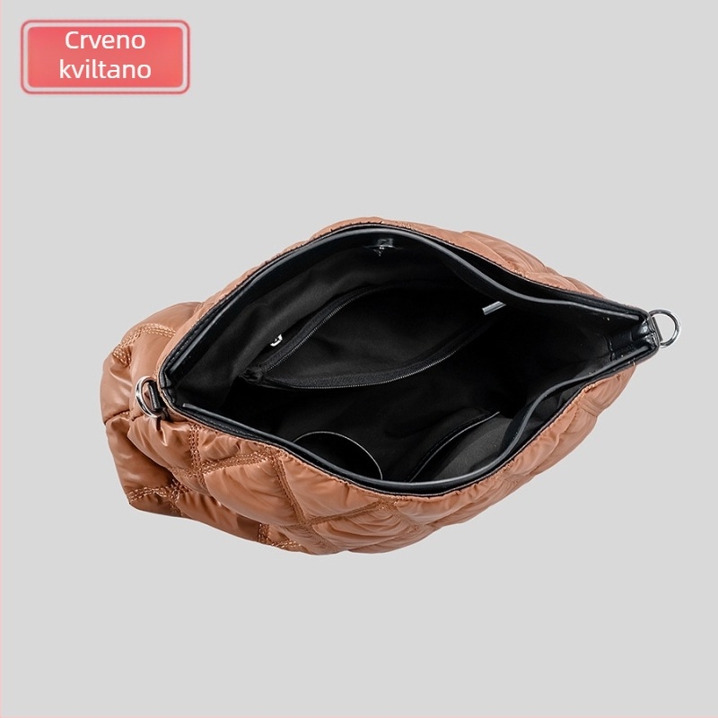 Down Bag Tote – poliester, horizontalni kvadratni oblik, zatvarač, unutarnji džepovi: džep sa zatvaračem, džep za telefon, dodatni džep sa zatvaračem; s jednim naramenicom