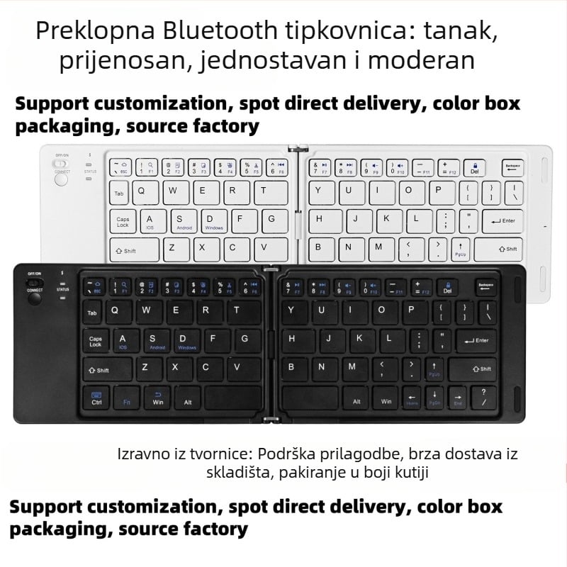 Bluetooth sklopiva tipkovnica – 67 tipki, bežična, sklopivi dizajn, optički prekidač, ABS kućište, dimenzije 295×92×15 mm, težina 170 g, bez pozadinskog osvjetljenja