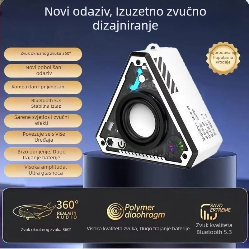 Bluetooth zvučnik u stilu Mecha s šarenim ambijentalnim svjetlom, prijenosni mini bass zvučnik — Bluetooth 5.3; 5W; ugrađena baterija 500–800 mAh; SNR ≥85 dB; domet 10 m