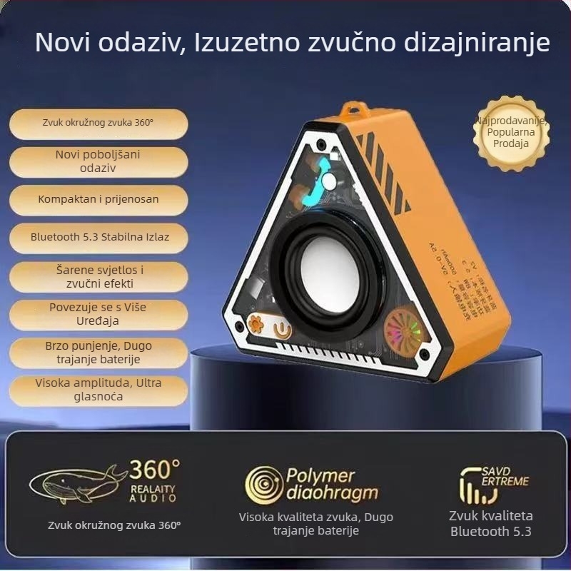 Bluetooth zvučnik u stilu Mecha s šarenim ambijentalnim svjetlom, prijenosni mini bass zvučnik — Bluetooth 5.3; 5W; ugrađena baterija 500–800 mAh; SNR ≥85 dB; domet 10 m