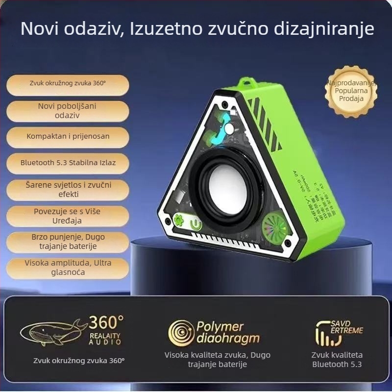 Bluetooth zvučnik u stilu Mecha s šarenim ambijentalnim svjetlom, prijenosni mini bass zvučnik — Bluetooth 5.3; 5W; ugrađena baterija 500–800 mAh; SNR ≥85 dB; domet 10 m