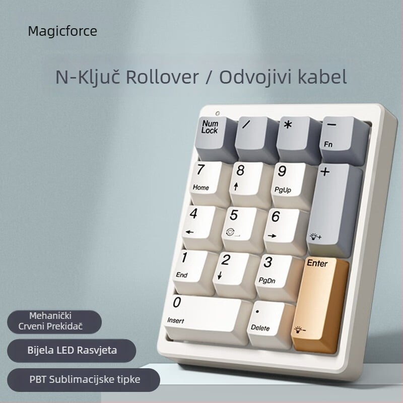 Mehanička numerička tipkovnica, 17 tipki, USB kabel, jednobojno pozadinsko osvjetljenje, prekidači zelena/smeđa/crvena