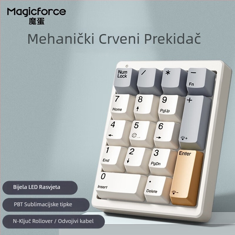 Mehanička numerička tipkovnica, 17 tipki, USB kabel, jednobojno pozadinsko osvjetljenje, prekidači zelena/smeđa/crvena
