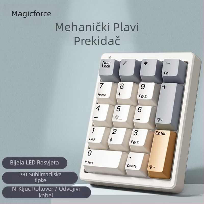 Mehanička numerička tipkovnica, 17 tipki, USB kabel, jednobojno pozadinsko osvjetljenje, prekidači zelena/smeđa/crvena