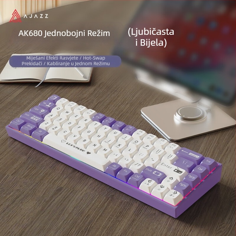 Ajazz AK680 mehanička tipkovnica, 67+1 tipki, Bluetooth i USB povezivanje, miješano pozadinsko osvjetljenje, kabel 1,6 m, težina 460 g