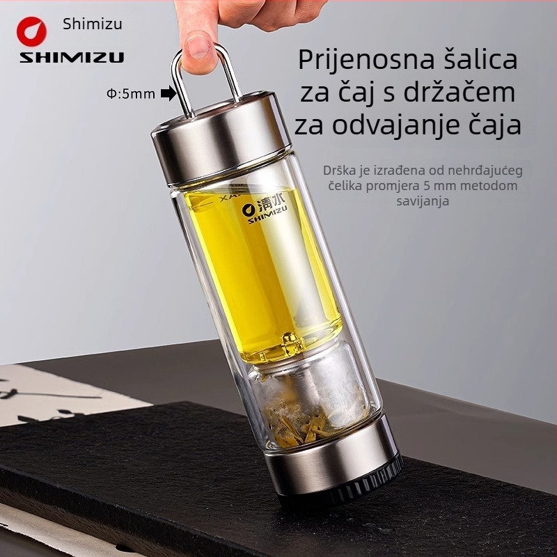 Dvoslojna staklena šalica za čaj s odjeljivanjem vode, od visokokvalitetnog borosilikatnog stakla, zatvorena i toplinski izolirana