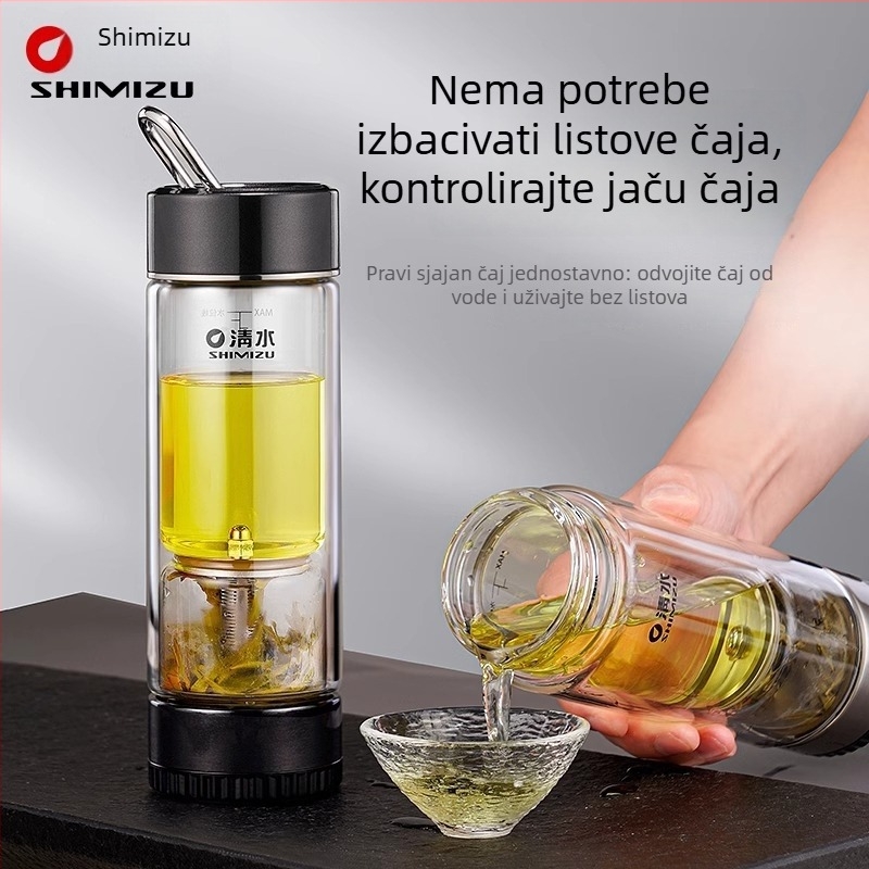 Dvoslojna staklena šalica za čaj s odjeljivanjem vode, od visokokvalitetnog borosilikatnog stakla, zatvorena i toplinski izolirana