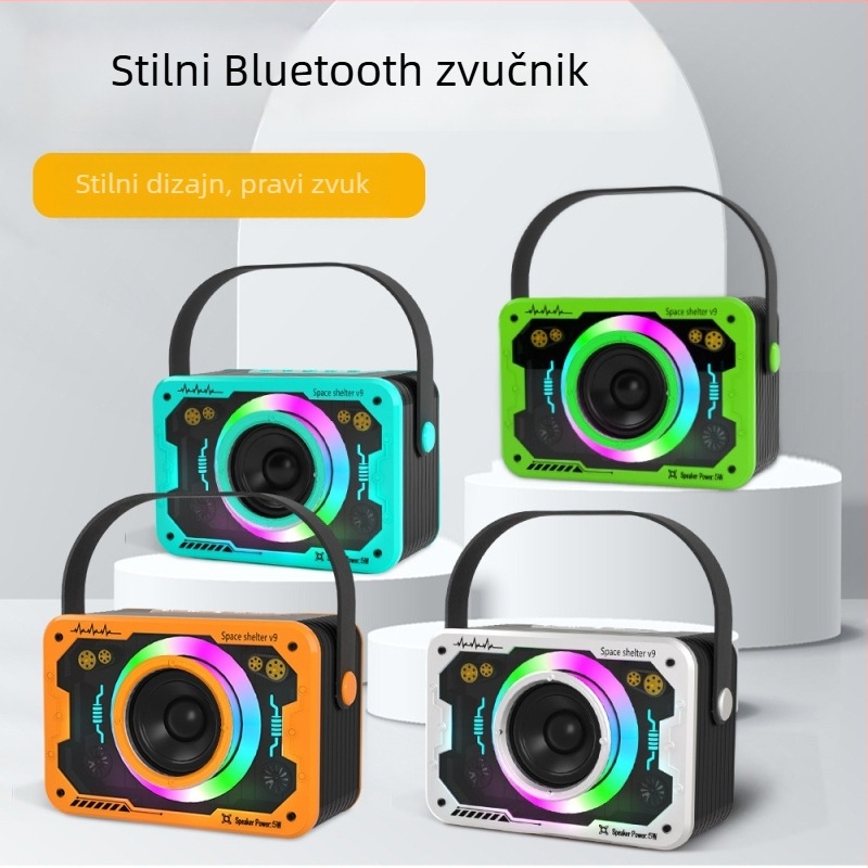 V9 Bluetooth zvučnik – stolni prenosni subwoofer s atmosfernim svjetlom, 5W, ugrađena baterija 1000–1200mAh, Bluetooth 5.3, 100Hz–20kHz, SNR ≥70dB