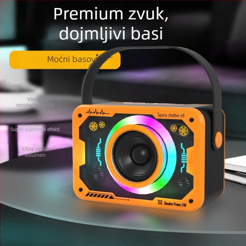V9 Bluetooth zvučnik – stolni prenosni subwoofer s atmosfernim svjetlom, 5W, ugrađena baterija 1000–1200mAh, Bluetooth 5.3, 100Hz–20kHz, SNR ≥70dB