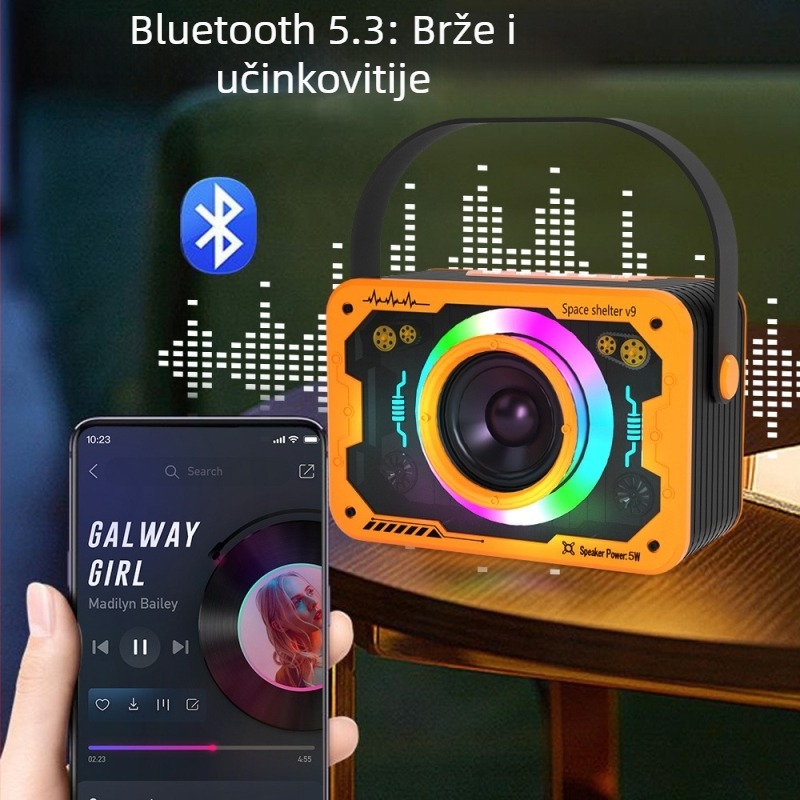 V9 Bluetooth zvučnik – stolni prenosni subwoofer s atmosfernim svjetlom, 5W, ugrađena baterija 1000–1200mAh, Bluetooth 5.3, 100Hz–20kHz, SNR ≥70dB