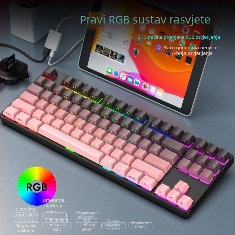 Mehanička tipkovnica, 87 tipki, bežična veza, crveni prekidači, RGB pozadinsko osvjetljenje