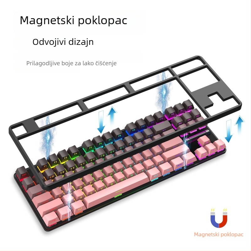 Mehanička tipkovnica, 87 tipki, bežična veza, crveni prekidači, RGB pozadinsko osvjetljenje