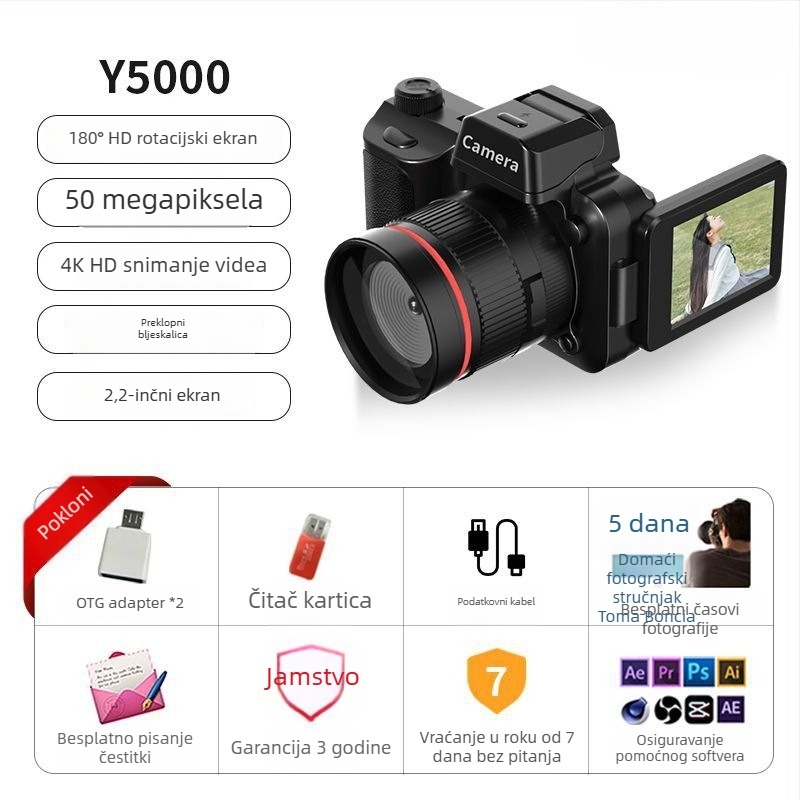 Mini CCD digitalna kamera s retro dizajnom – 50MP, 16x optični zoom, optička stabilizacija slike, microSD pohrana