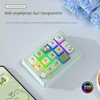 Bežični gaming mehanički numerički keypad s tri načina rada, do 87 tipki, RGB pozadinsko osvjetljenje, zeleni prekidač, USB priključak