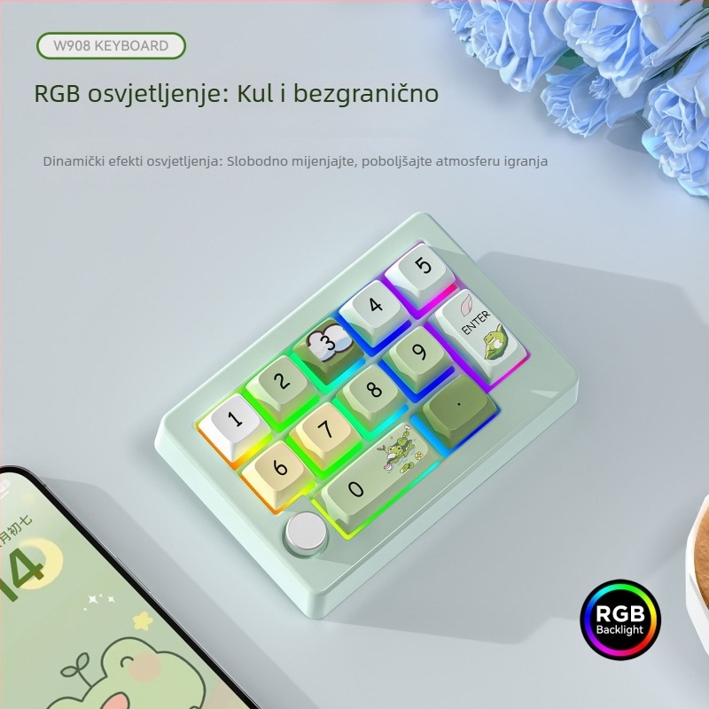 Bežični gaming mehanički numerički keypad s tri načina rada, do 87 tipki, RGB pozadinsko osvjetljenje, zeleni prekidač, USB priključak