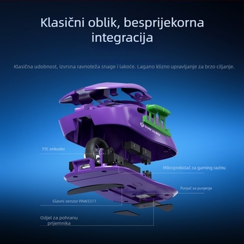 RGB gaming miš s PAW3311 senzorom, 5600dpi, Bluetooth/USB povezivanje, domet 10m, težina 54g, uključeni punjački kabel od 1,2m