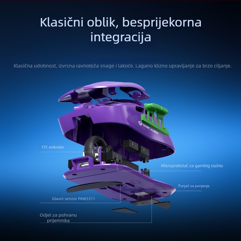 RGB gaming miš s PAW3311 senzorom, 5600dpi, Bluetooth/USB povezivanje, domet 10m, težina 54g, uključeni punjački kabel od 1,2m