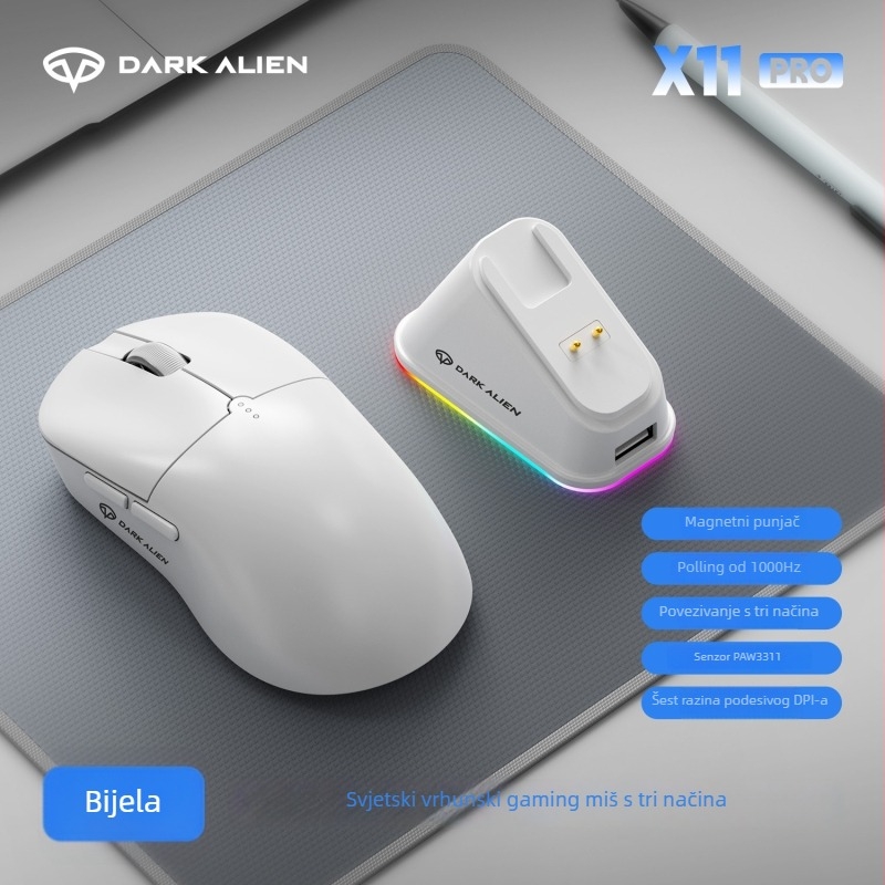 RGB gaming miš s PAW3311 senzorom, 5600dpi, Bluetooth/USB povezivanje, domet 10m, težina 54g, uključeni punjački kabel od 1,2m