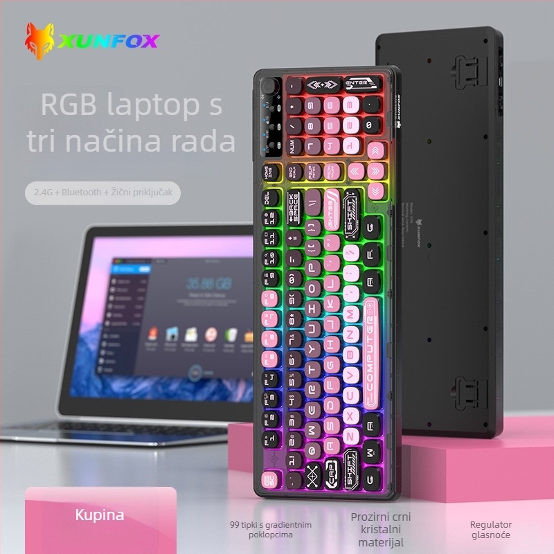 Tipkovnica s tri načina bežične Bluetooth veze, 99 tipki, membranske tipke, RGB pozadinsko osvjetljenje