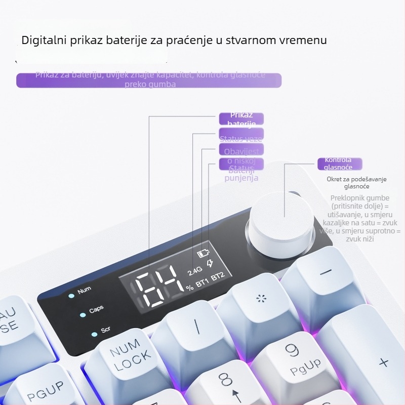 Bežična Bluetooth tipkovnica s dvostrukim načinom rada, PBT kapice tipki, gumb s prikazom, 104 tipke, vodootporna