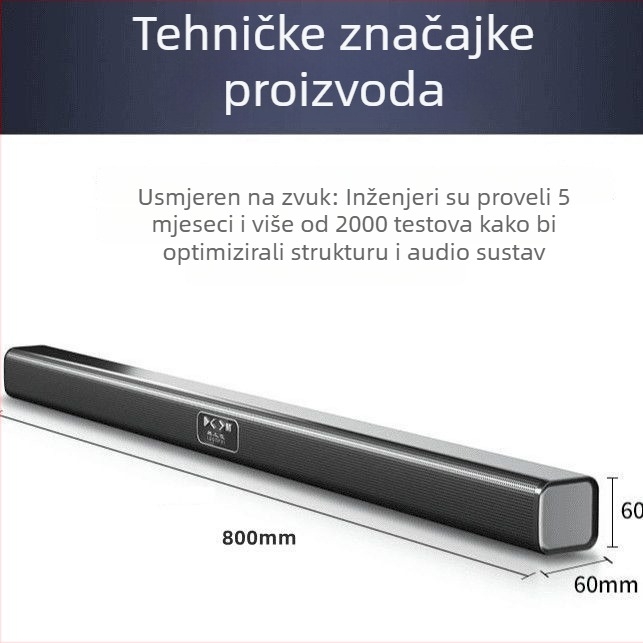 Bežični Bluetooth soundbar za montažu na zid, veliki subwoofer, stereo bass, 100 Hz–20 kHz, SNR ≥70 dB, IPX7 vodootporan