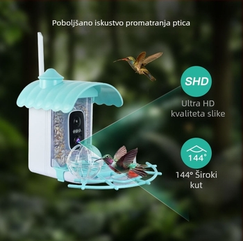 Inteligentna vanjska hranilica za ptice s kamerom, protiv vjeverica, solarno napajanje, HD 3MP/2K, 2.8mm objektiv, SNR 36dB, 5V napajanje