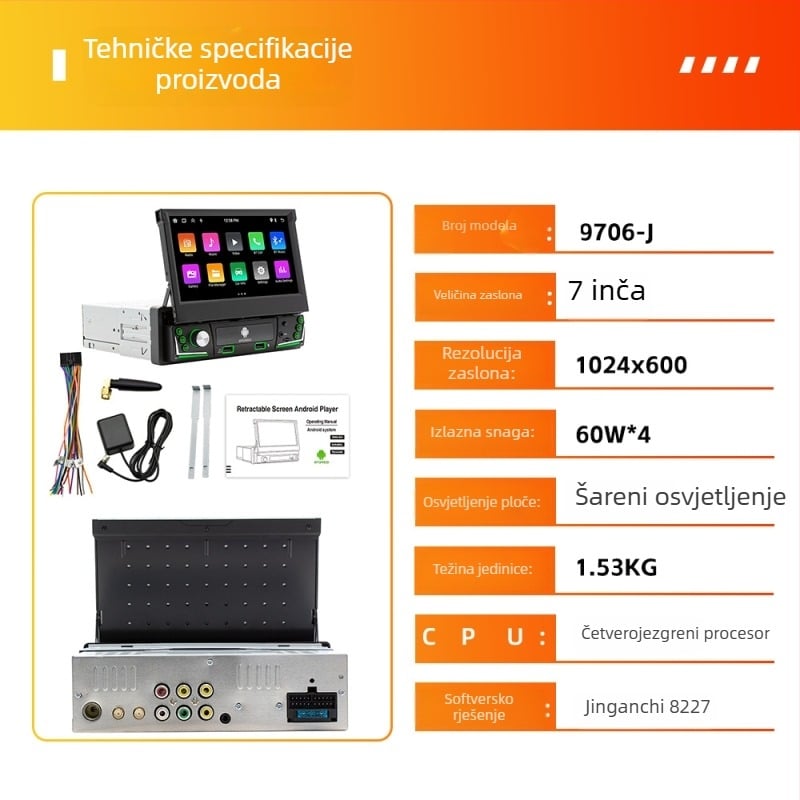 Automobilski Android GPS navigacijski sustav s bežičnim CarPlay i Bluetoothom, TFT zaslon, napajanje 12V DC, snaga 60W×4, univerzalna kompatibilnost