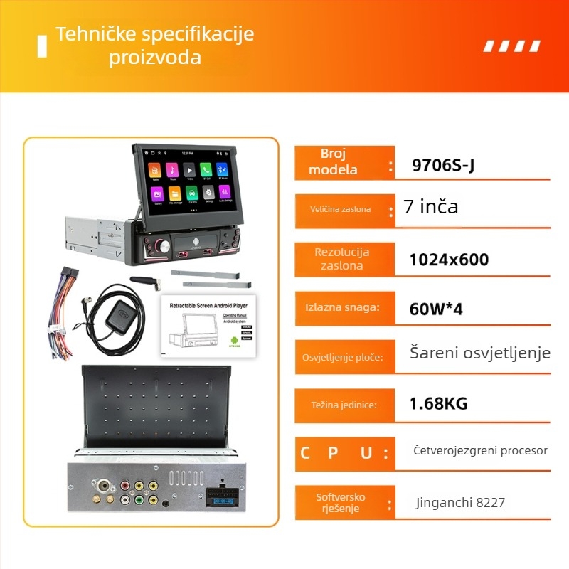Automobilski Android GPS navigacijski sustav s bežičnim CarPlay i Bluetoothom, TFT zaslon, napajanje 12V DC, snaga 60W×4, univerzalna kompatibilnost