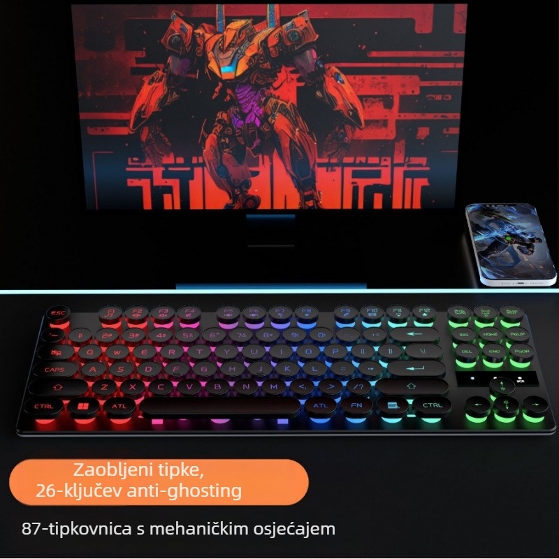 Bežični set tipkovnice i miša s 87 tipki, tipke s mehaničkim osjećajem, USB priključak i pozadinsko osvjetljenje