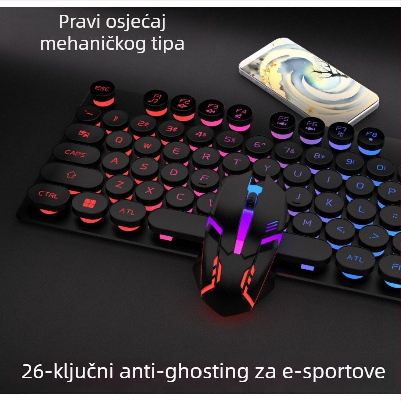 Bežični set tipkovnice i miša s 87 tipki, tipke s mehaničkim osjećajem, USB priključak i pozadinsko osvjetljenje