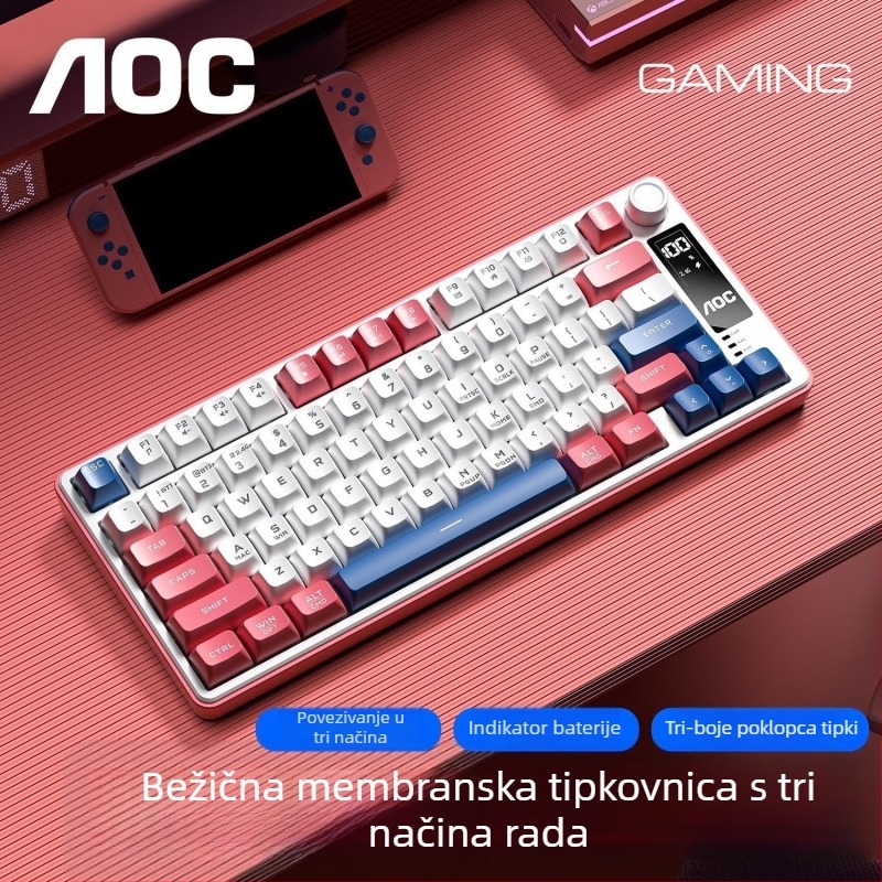 Gaming tipkovnica, bežična trostruka povezanost (2.4G/Bluetooth), do 87 tipki, silikon materijal, uz naslon za zapešće, višebojno osvjetljenje